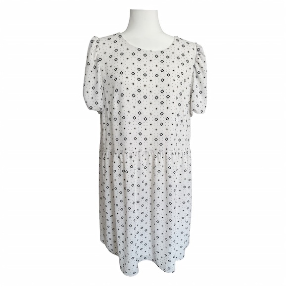 NWOT LOFT Puff Sleeve Babydoll Swing Dress Size 14 White Black Geo Print Lined - Picture 11 of 12